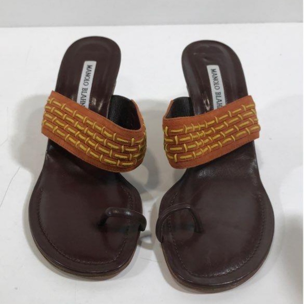 NEW!! Manolo Blahnik Telo Brown/Orange Leather Women's Toe Ring Sandals Size 37